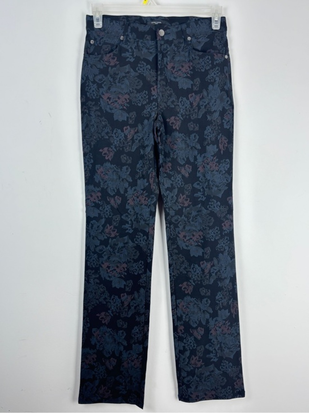 Simon Chang Dark Floral Straight Leg Pants Size 8 Stretch Rayon Blend Trouser